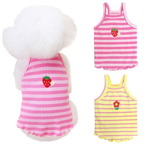 Yaopelky 2 Stück kleine mittelgroße Hunde Sommerkleidung Hund gestreiftes Hemd niedliche Blume Erdbeere Stickerei Weste Haustier Outfit für Chihuahua Yorkie Teddy (Rosa-Gelb, XL) von Yaopelky