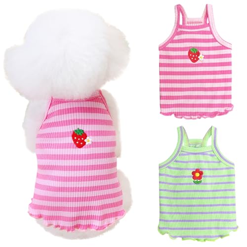 Yaopelky 2 Stück kleine mittelgroße Hunde Sommerkleidung Hund gestreiftes Hemd niedliche Blume Erdbeere Stickerei Weste Haustier Outfit für Chihuahua Yorkie Teddy (Rosa-Grün, M) von Yaopelky