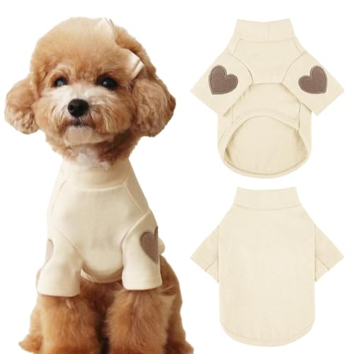 Yaopelky Hunde-Sweatshirt für kleine und mittelgroße Hunde, warmes Haustier-T-Shirt mit Herzaufdruck, Katzen-Welpen-Outfit, Hunde-Sweatshirts für Teddy, Chihuahua, Schnauzer (Beige, XS) von Yaopelky