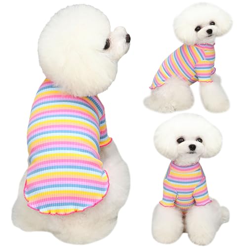 Yaopelky Hundebekleidung für kleine und mittelgroße Hunde, Regenbogen-gestreift, dehnbar, langärmelig, Katzen-T-Shirt, Haustier-Outfits für Chihuahua, Yorkie, Teddy (Pink Egde, L) von Yaopelky