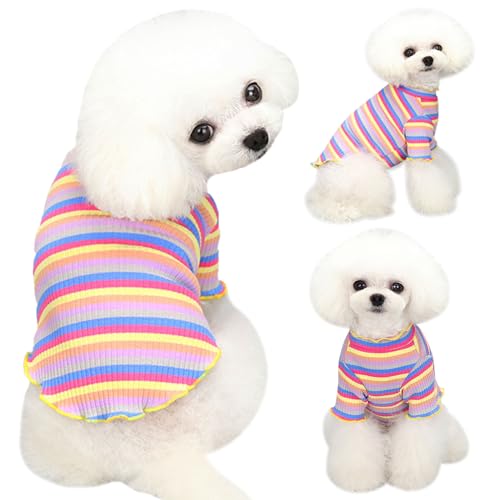 Yaopelky Hundebekleidung für kleine und mittelgroße Hunde, Regenbogen-gestreift, dehnbar, langärmelig, Katzen-T-Shirt, Haustier-Outfits für Chihuahua, Yorkie, Teddy (gelber Rand, L) von Yaopelky