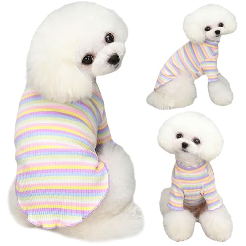 Yaopelky Hundebekleidung für kleine und mittelgroße Hunde, Regenbogen-gestreift, dehnbar, langärmelig, Katzen-T-Shirt, Haustier-Outfits für Chihuahua, Yorkie, Teddy (violetter Rand, L) von Yaopelky