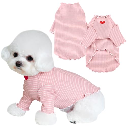 Yaopelky Hundeshirt für kleine mittelgroße Hunde, gestreiftes T-Shirt mit Herzstickerei, dehnbar, Rüschen, Hundekleidung für Chihuahua, Schnauzer, Yorkie, Shih Tzu (Rosa, L) von Yaopelky