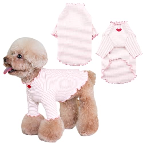 Yaopelky Hundeshirt für kleine mittelgroße Hunde, gestreiftes T-Shirt mit Herzstickerei, dehnbar, Rüschen, Hundekleidung für Chihuahua, Schnauzer, Yorkie, Shih Tzu (Weiß, L) von Yaopelky