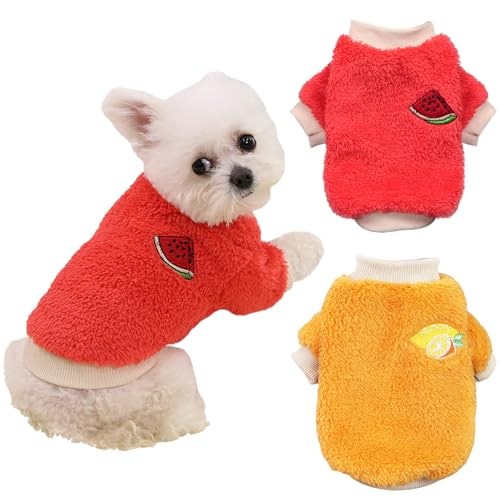 Yaopelky Winterkleidung für kleine und mittelgroße Hunde, Fleece, Rollkragen-Overall, niedlicher Fruchtdruck, Katzen-Outfit für Chihuahua, Yorkie, Teddy, Orange-Rot, Größe L, 2 Stück von Yaopelky