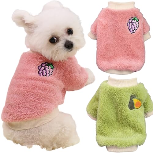 Yaopelky Winterkleidung für kleine und mittelgroße Hunde, Fleece, Rollkragen-Overall, niedlicher Fruchtdruck, Katzen-Outfit für Chihuahua, Yorkie, Teddy, Rosa-Grün, Größe M, 2 Stück von Yaopelky