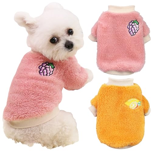 Yaopelky Winterkleidung für kleine und mittelgroße Hunde, Fleece, Rollkragen-Overall, niedlicher Fruchtdruck, Katzen-Outfit für Chihuahua, Yorkie, Teddy, Rosa-Orange, Größe L, 2 Stück von Yaopelky