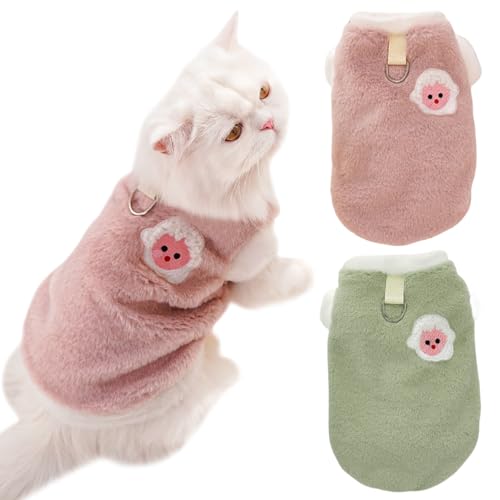 Yaopelky y2pcs Katzen-Winterkleidung mit Leine, D-Ring, für kleine und mittelgroße Hunde, Fleece-Outfit, Tierdruck, Haustierpullover (Grün-Rosa, L) von Yaopelky