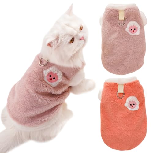 Yaopelky y2pcs Katzen-Winterkleidung mit Leine, D-Ring, für kleine und mittelgroße Hunde, Fleece-Outfit, Tierdruck, Haustierpullover (Orange-Rosa, L) von Yaopelky