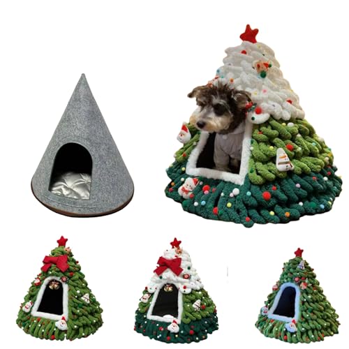 Yately Weihnachtsbaum Katzenhaus, DIY Filz Weihnachtsbaum Katzenbett Set Mit Dekoration, Katze Weihnachtsbaum Winter Warmes Katzenhaus, Mit Kissen(Style 1) von Yately