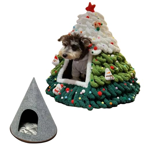 Yately Weihnachtsbaum Katzenhaus, DIY Filz Weihnachtsbaum Katzenbett Set Mit Dekoration, Katze Weihnachtsbaum Winter Warmes Katzenhaus, Mit Kissen(Style 1) von Yately