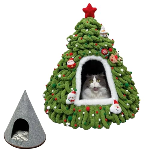 Yately Weihnachtsbaum-Katzenhaus, DIY Filz-Weihnachtsbaum-Katzenbett-Set mit Dekoration, Katzenweihnachtsbaum Winter warmes Katzenhaus, Haustier-Zelt-Haus mit Kissen(Style 1) von Yately