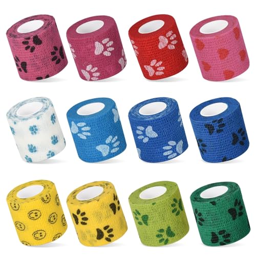 12 Stück Selbstklebende Bandage Selbstklebender Verband für Haustier Pferd Cohesive Bandages Haftbandage Cohesive Pet Vet Wrap für Katze,Hund,Pferd Bein Klebeverband (Pfotenabdrücke 12 Stück) von Yavitality