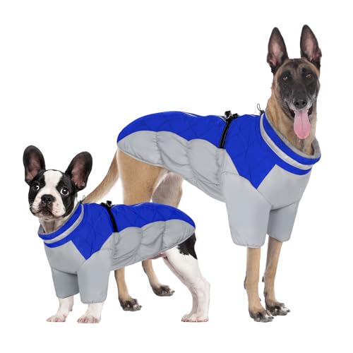 Yawakaze Hunde-Fleece-Wintermantel, verstellbarer Schneeanzug, wasserdicht, warme Pufferjacke mit Geschirr, eingebauter Haustierbekleidung, reflektierende Weste, winddicht, für kaltes Wetter, Blau, von Yawakaze