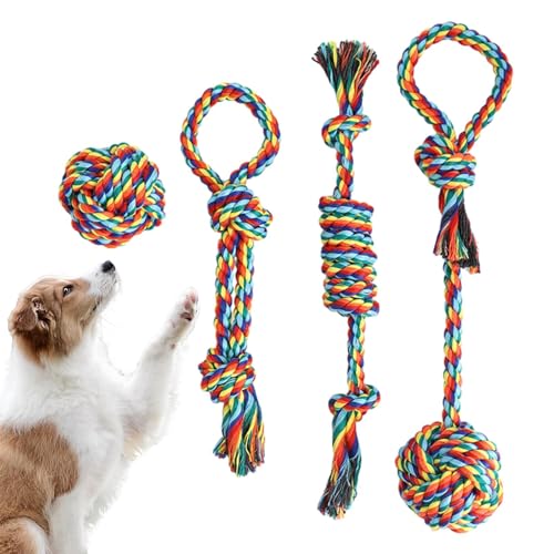 Yaztauho Hundeseilspielzeug für große Hunde, Hundeschleppseil,Kaut Seilschlepper - 4er-Set buntes Baumwollseil-Schlepperspielzeug für Hunde, unzerstörbares Hundeseilspielzeug mit Knoten, von Yaztauho