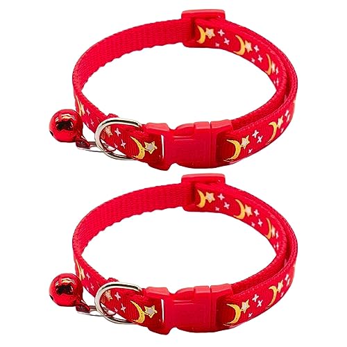 Reflektierendes Katzenhalsband mit Glöckchen – niedliches verstellbares Katzenhalsband mit Mond- und Sternmuster, Sicherheits-Nylon-Schnalle, leuchtet im Dunkeln, 19,1 - 32,5 cm, Rot von YeGang