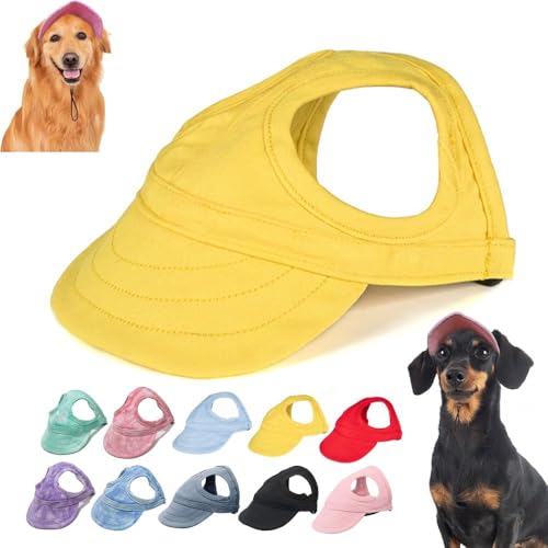 Sonnenschutz für Hunde im Freien – Baseballkappe für kleine, mittelgroße und große Hunde mit Ohrlöchern, verstellbarer Hunde-Sonnenhut für Welpen, Sonnenhaube, Outfit (L, Gelb) von YeGang