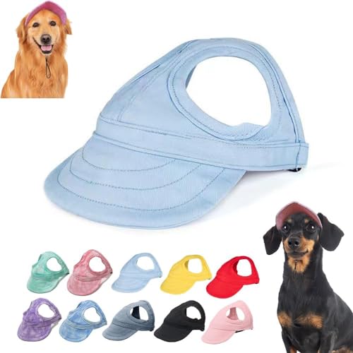 YeGang Sonnenschutz für Hunde im Freien – Baseballkappe für kleine, mittelgroße und große Hunde mit Ohrlöchern, verstellbarer Hunde-Sonnenhut für Welpen, Sonnenhaube, Outfit (L, Blau) von YeGang