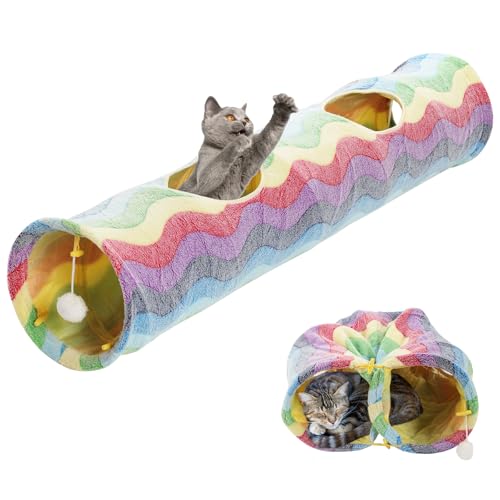 YEACO Gerader Katzentunnel mit vier Löchern und hängendem Ball für Indoor-Katzenübungen, interaktives Crinkle-Innenmaterial von Yeaco