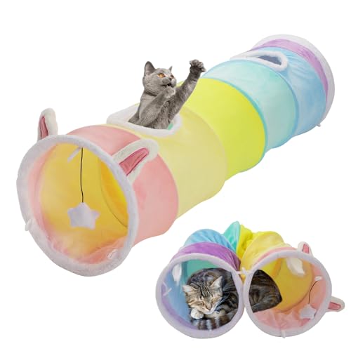 YEACO Großer gerader Katzentunnel mit vier Löchern und hängendem Ball für Indoor-Katzenübungen, interaktives Crinkle-Innenmaterial von Yeaco