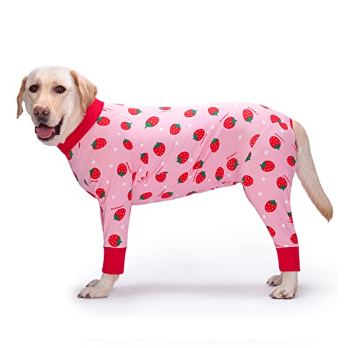 Yeapeeto Hunde-Einteiler für Operationen, für große mittelgroße Bodysuit, Hunde, PJS, Ganzkörper, für Ausfallen, Allergie, Anti-Lecken, Wundschutz, Kegelalternative (Erdbeere, 6XL) von Yeapeeto