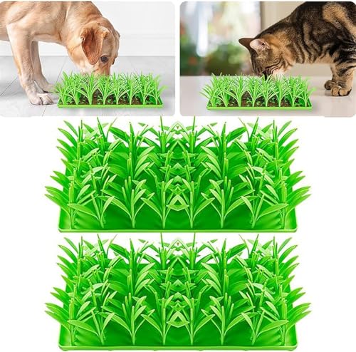 Grasmatte Katze Green Grass Silikon Slow Food Matte Grasfuttermatte Für Katzen Futtermatten Katzengrasmatte Schnüffelmatte Für Katzen Und Hunde, Zur Förderung Der Verdauung (2 Stück, 36,1 X 16,9 cm) von Yeehliny