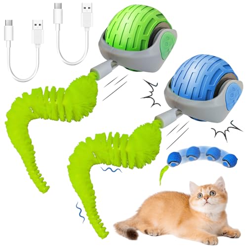 Interaktives Katzenspielzeug, 2 Stück Interaktiver Spielball mit Schwanz für Katzen, Automatisches Katzenspielzeug, 360-Grad-Ball Elektrisch Katzen Spielzeug, Kugel für Indoor-Katzen, Blau und Grün von Yeelan