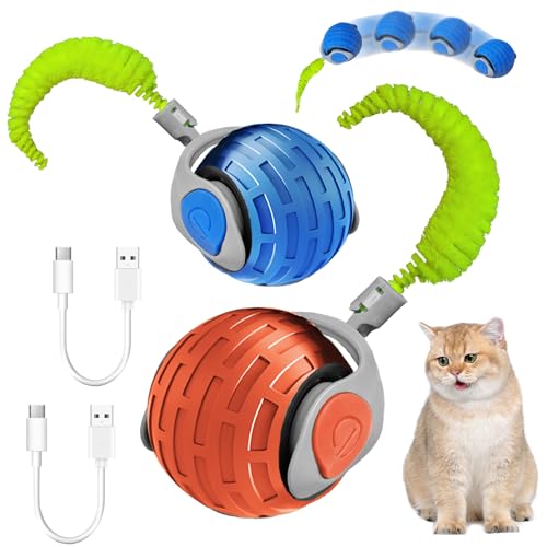 Interaktives Katzenspielzeug, 2 Stück Interaktiver Spielball mit Schwanz für Katzen, Automatisches Katzenspielzeug, 360-Grad-Ball Elektrisch Katzen Spielzeug, Kugel für Indoor-Katzen, Blau und Rot von Yeelan