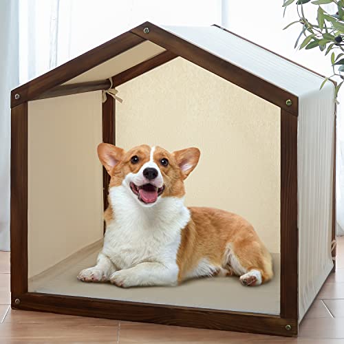 Hundehütte aus Holz, Hütte Hundehütten für Hunde drinnen und draußen, Holz Haustierhaus Rahmen Beige Abdeckung mit grauem Kissen und Bezug zum Spielen und Ausruhen von Yehnna