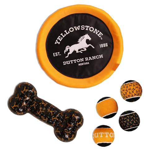 design LAB, Inc. Yellowstone Offizielles Merchandise-Outdoor-Spielzeug, Geschenk-Set, 4 Quietschbälle zum Apportieren, Frisbee-Scheibe und langlebiger Kauknochen für Hunde von Design LAB Inc.