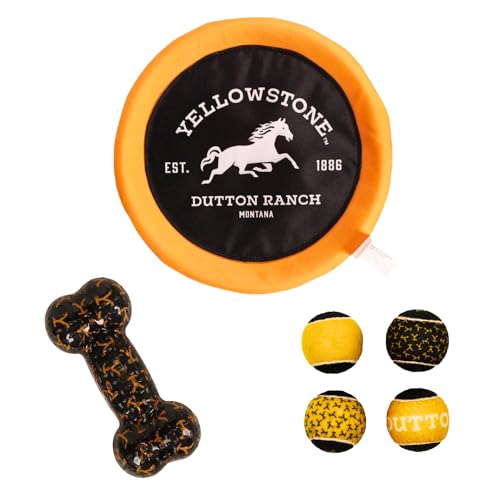 design LAB, Inc. Yellowstone Offizielles Merchandise-Outdoor-Spielzeug für Hunde, Geschenk-Set, 4 quietschende Hundebälle zum Apportieren, Frisbee-Scheibe und langlebiger Kauknochen für Hunde, tolles von design LAB, Inc.