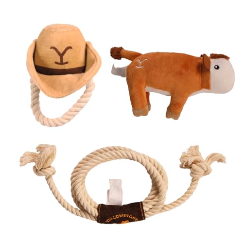 design LAB, Inc. Offizielles Yellowstone-Merchandise-Produkt | Indoor-Hundespielzeug-Set | Lasso-Seil, quietschende braune Kuh und Cowboyhut mit Zugseil von Design LAB Inc.