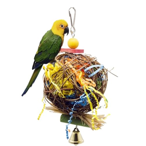 Yelschwa Vogel-Kauspielzeug, Papageien-Zerkleinerungsspielzeug, natürlicher Rattan-Ball, Papierstreifen, Vogelkauspielzeug, Futtersuche, Hängespielzeug, Papagei, sitzend, Geschenk für von Yelschwa