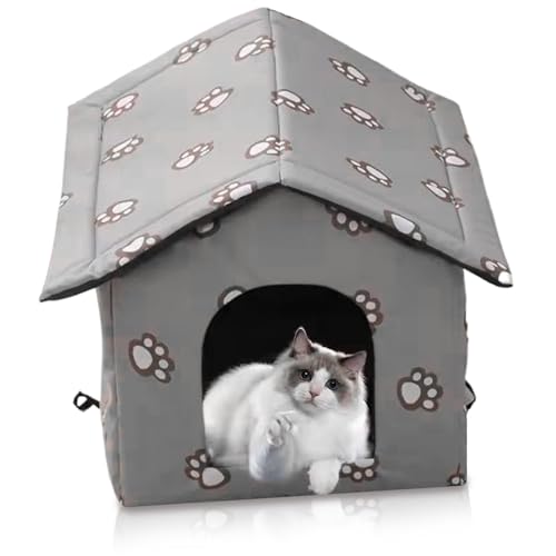 Katzenhaus im Freien, Thermal Oxford Stoff Outdoor Katzenhaus mit Reißverschlussdeckel außerhalb des Katzenhauss mit Schnallenriemen von Yeory