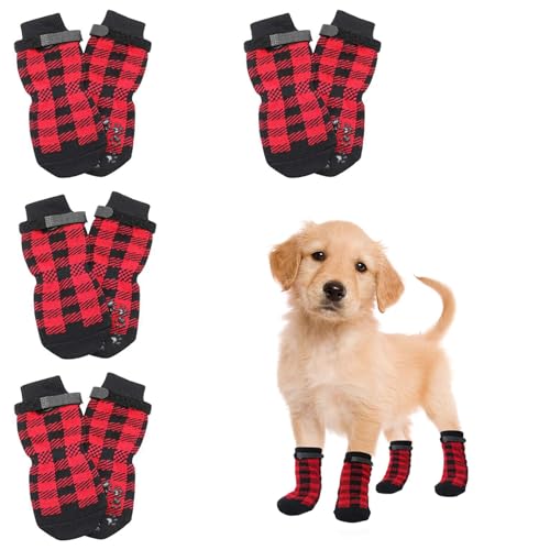 Yeria Indoor Anti-Rutsch Hundesocken, 4 Paar Hunde Schuhe für kleine, mittlere, große Hunde mit Griffen für ältere Hunde Hartholzböden (L, Weihnachtsrot) von Yeria