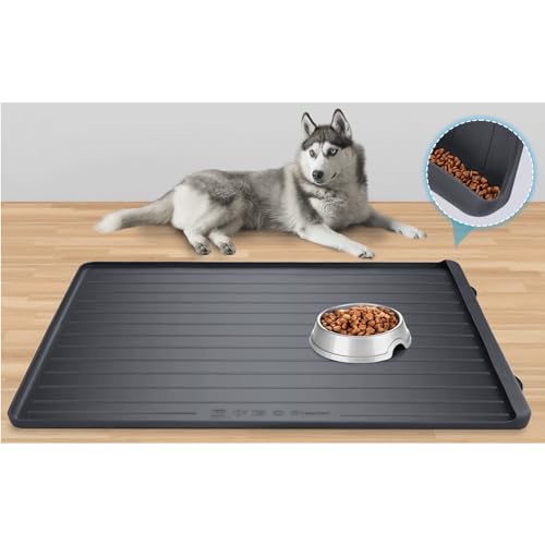 Hundefuttermatte – 99 x 68 cm Haustierfuttermatte mit Rückstandsauffangtasche, Hunde- und Katzen-Futtermatte für Böden, wasserdicht, Silikon-Hundenapfmatte mit hohen Kanten, um Wasser- und von Yessotech