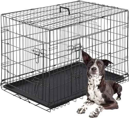 Yesuitme Zusammenklappbarer Hundekäfig aus Metalldraht, Hundebox mit Bodenschale, Transportbox mit 2 Türen & Tragegriff, Schwarz Dog Crate, L 107 x B 69 x H 74 cm von Yesuitme