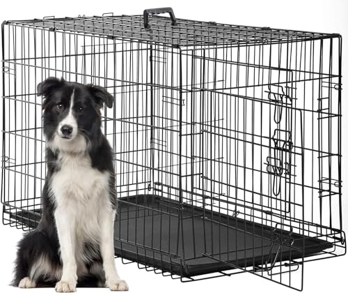 Yesuitme Zusammenklappbarer Hundekäfig aus Metalldraht, Hundebox mit Bodenschale, Transportbox mit 2 Türen & Tragegriff, Schwarz Dog Crate, L 120 x B 75 x H 79 cm von Yesuitme