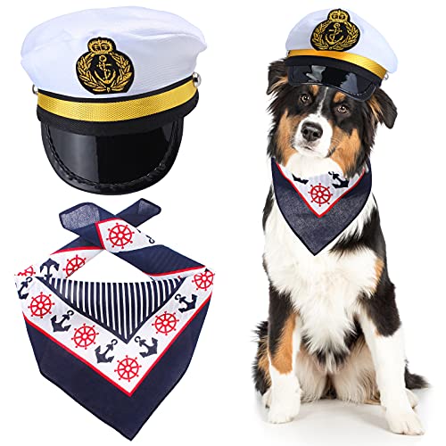 Yewong 2 Stücke Haustier Matrosen Kostüm Zubehör Set Hund Katze Weiß Kapitän Hut mit Anker Bandana Schal für Katze Welpen Marine Halloween Cosplay Kostüm Party Supplies (Set-C) von Yewong