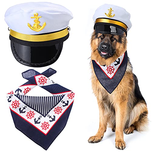 Yewong 2 Stücke Haustier Matrosen Kostüm Zubehör Set Hund Katze Weiß Kapitän Hut mit Anker Bandana Schal für Katze Welpen Marine Halloween Cosplay Kostüm Party Supplies (Set-D) von Yewong