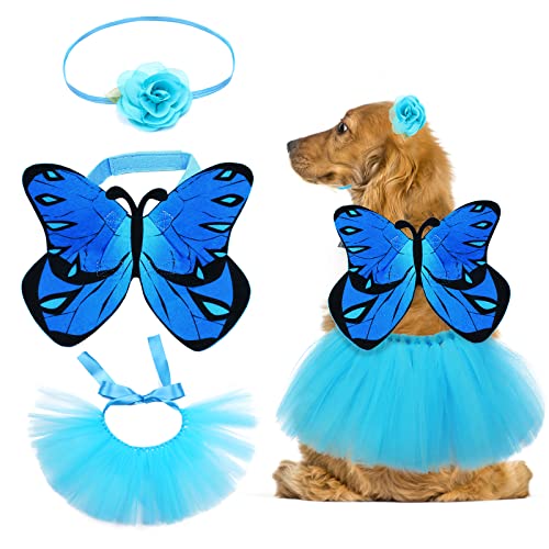 Yewong 3 Stück Haustier Monarch Schmetterling Kostüm Set Katze Welpe Hund Schmetterling Flügel Umhang Blume Stirnband Tüll Tutu für Halloween Geburtstag Party Dress Up (Blau) von Yewong