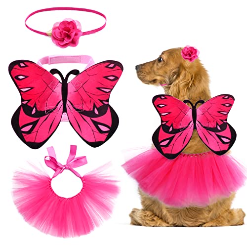 Yewong 3 Stück Haustier Monarch Schmetterling Kostüm Set Katze Welpe Hund Schmetterling Flügel Umhang Blume Stirnband Tüll Tutu für Halloween Geburtstag Party Dress Up (Rose Red) von Yewong