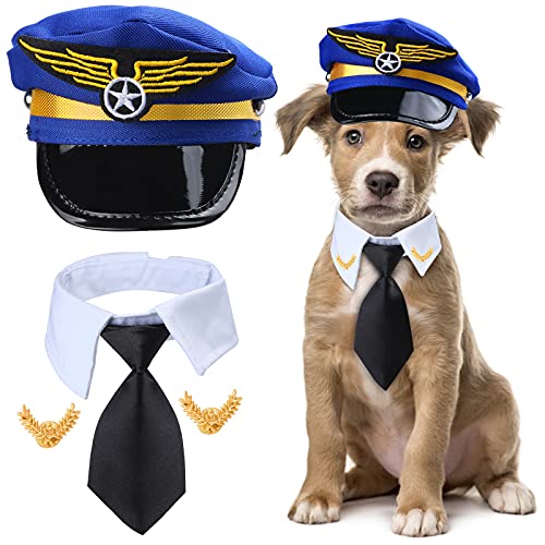 Yewong 3-teiliges Haustier-Kapitän Piloten-Kostüm-Zubehör-Set für Hunde und Katzen, Pilotenmütze, formelle Krawatte, Halsband, Zubehör für Haustier-Piloten-Kostüm, Halloween-Party (Set-B) von Yewong