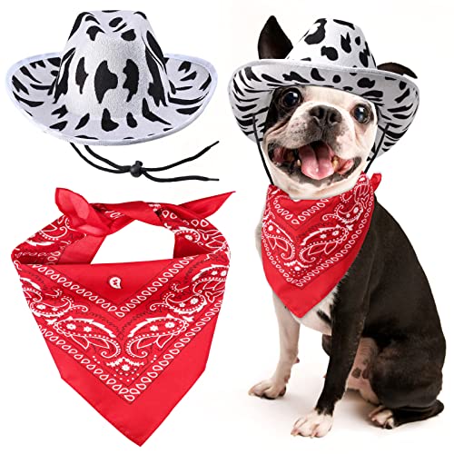 Yewong Cowboy-Kostüm, Zubehör für Hunde, Katzen, Kuh-Druck, Cowboyhut, Halstuch, Schal, Western-Cowboy-Party, Lieferant für Welpen, Kätzchen (Set) von Yewong