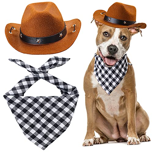 Yewong Cowboy-Kostüm, Zubehör für Hunde und Katzen, Cowboyhut und Halstuch, West-Cowboy-Zubehör für Welpen, Kätzchen, Festival und den täglichen Gebrauch, Set mit Kaffeehut und schwarzem Lätzchen von Yewong