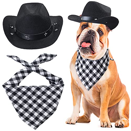 Yewong Cowboy-Kostüm-Zubehör für Hunde und Katzen, Cowboy-Hut und Halstuch, West-Cowboy-Zubehör für Welpen, Kätzchen, Festival und den täglichen Gebrauch, Set (schwarzer Hut + schwarzes Lätzchen) von Yewong