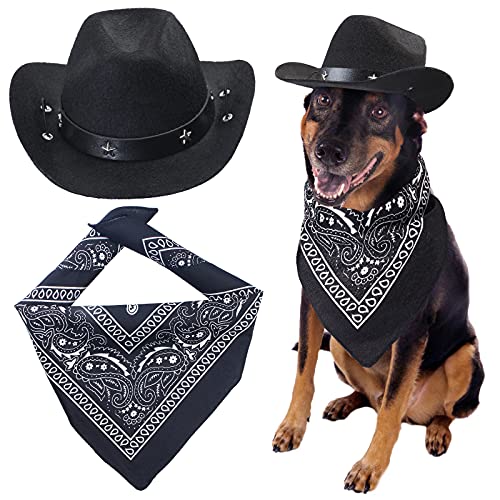 Yewong Cowboy-Kostüm-Zubehör für Hunde und Katzen, Cowboy-Hut und Halstuch, West-Cowboy-Zubehör für Welpen, Kätzchen, Festival und den täglichen Gebrauch, Set (schwarzer Hut + schwarzes Bandana) von Yewong