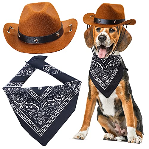 Yewong Cowboy-Kostüm-Zubehör für Hunde und Katzen, Cowboy-Hut und Halstuch, West-Cowboy-Zubehör für Welpen, Kätzchen, Party, Festival und den täglichen Gebrauch, Set (Kaffee-Hut + schwarzes Bandana) von Yewong