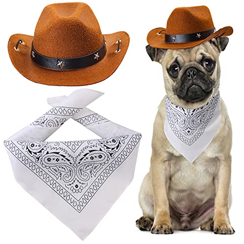 Yewong Cowboy-Kostüm-Zubehör für Hunde und Katzen, Cowboy-Hut und Halstuch, West-Cowboy-Zubehör für Welpen, Kätzchen, Party, Festival und tägliches Tragen, Set (Kaffee-Hut + weißes Bandana) von Yewong