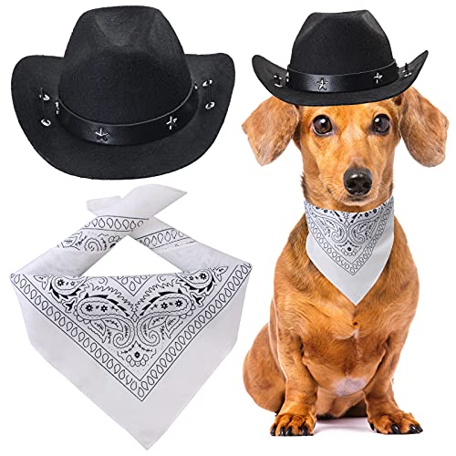 Yewong Cowboy-Kostüm-Zubehör für Hunde und Katzen, Cowboy-Hut und Halstuch, West-Cowboy-Zubehör für Welpen, Kätzchen, Party, Festival und tägliches Tragen, Set (schwarzer Hut + weißes Bandana) von Yewong